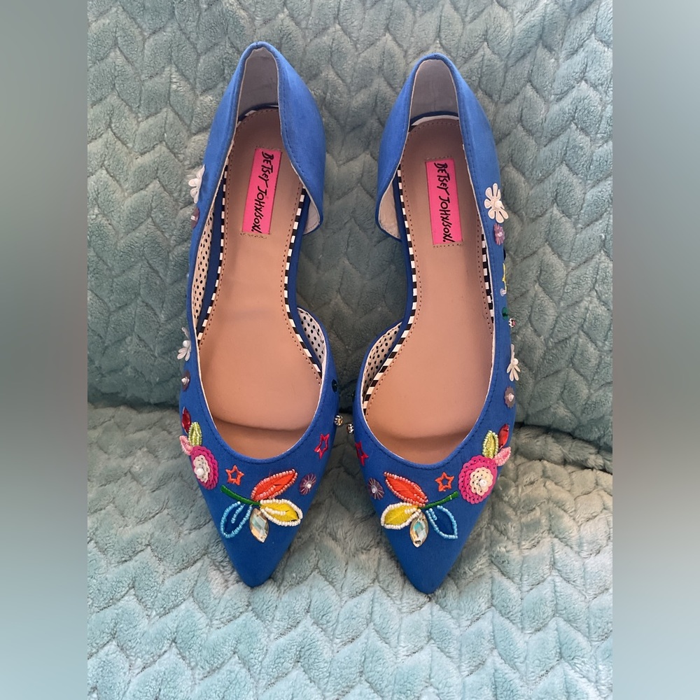 NEW Blue Suede Shoes by Betsey Johnson w/ Sequins, Beads, Flats Size 7.5M